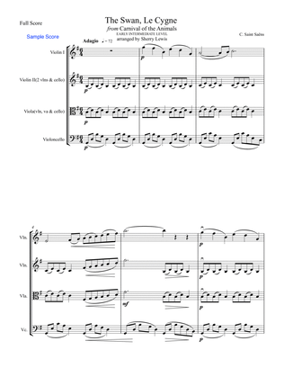 The Swan, LE CYGNE for String Trio, Early Intermediate Level for 2 violins and cello or violin, viol