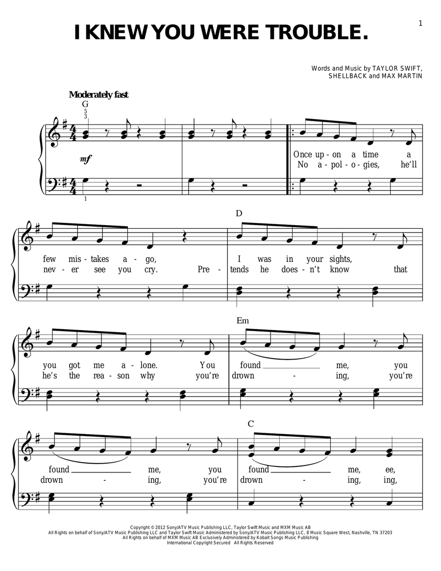 I Knew You Were Trouble Easy Piano scores gallery preview page 1
