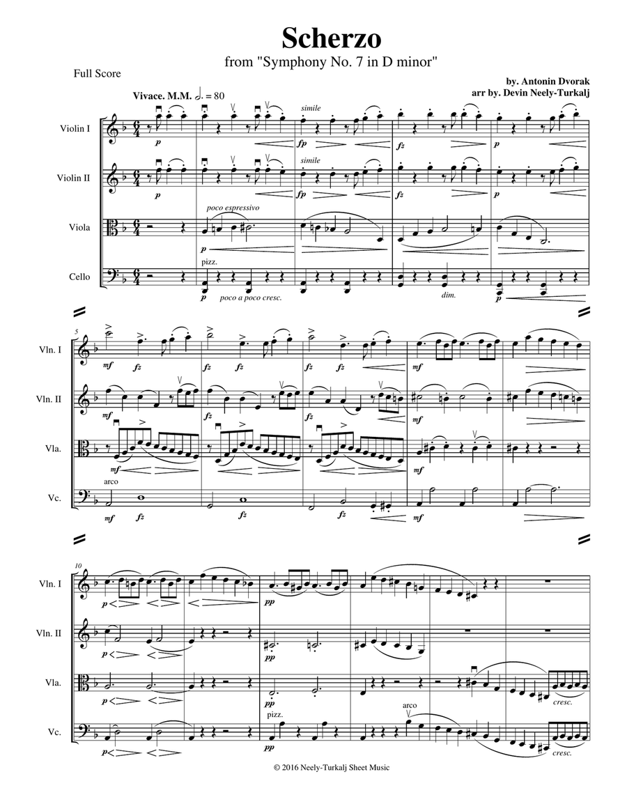 Scherzo from Symphony No. 7 String Quartet scores gallery preview page 1