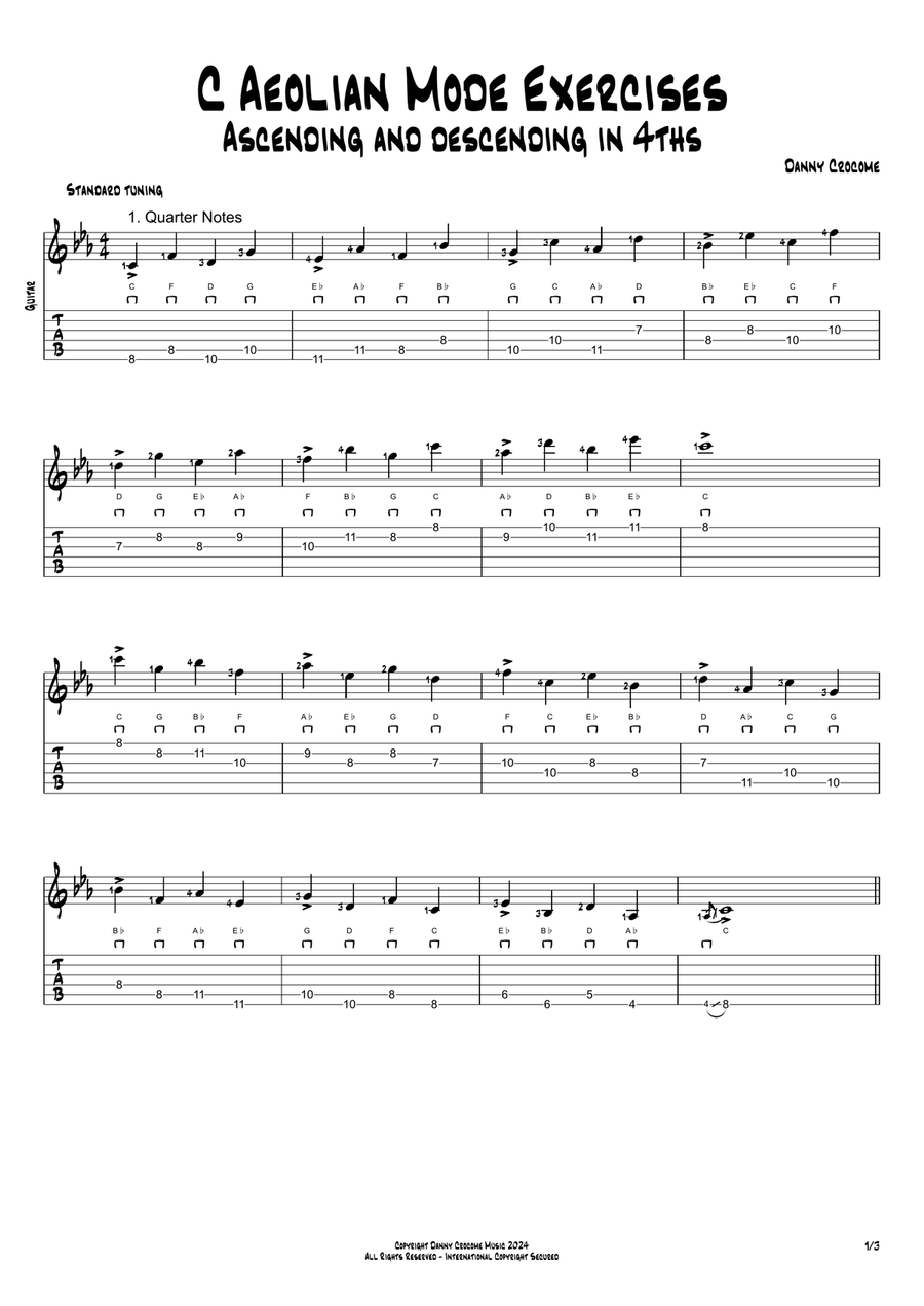 C Aeolian Mode Exercises - Ascending and Descending in 4ths Acoustic Guitar scores gallery preview page 1