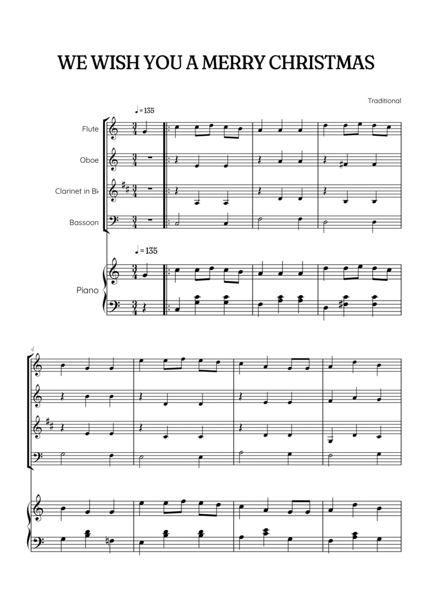 We Wish You a Merry Christmas for Woodwind Quartet & Piano • easy Christmas sheet music image number null