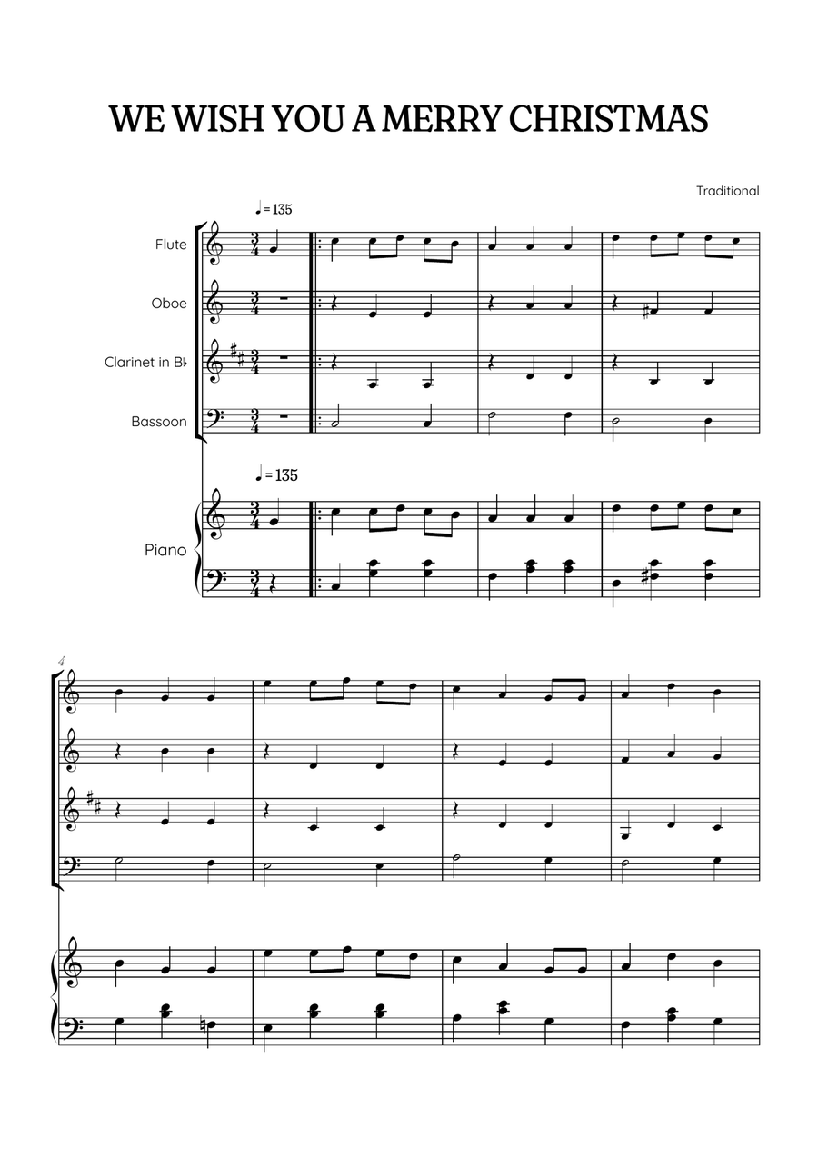 We Wish You a Merry Christmas for Woodwind Quartet & Piano • easy Christmas sheet music Woodwind Quartet scores gallery preview page 1