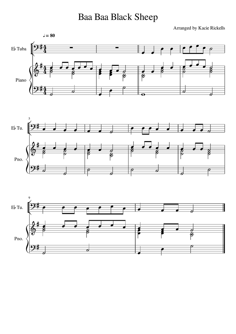 Baa Baa Black Sheep - Tuba (Bass Clef) Solo Easy Piano scores gallery preview page 1