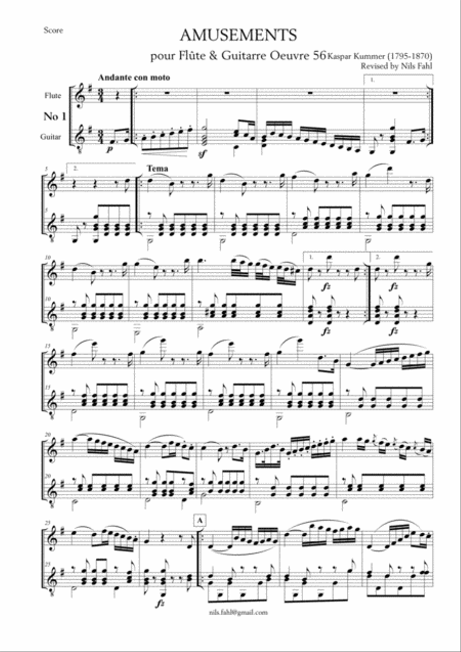 Kaspar Kummer Amusements for Flute and Guitar Flute scores gallery preview page 1