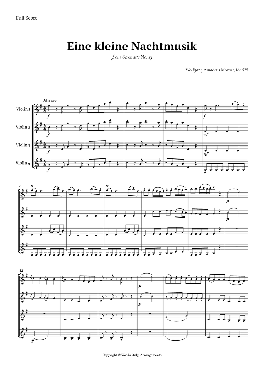 Eine kleine Nachtmusik by Mozart for Violin Quartet String Quartet scores gallery preview page 1