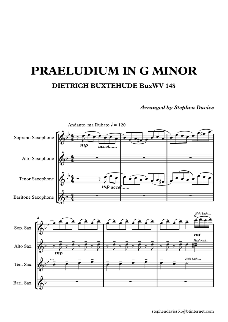 Praeludium & Fugue in G Minor by Dietrich Buxtehude (Buxwv148) for Saxophone Quartet. Saxophone Quartet scores gallery preview page 1