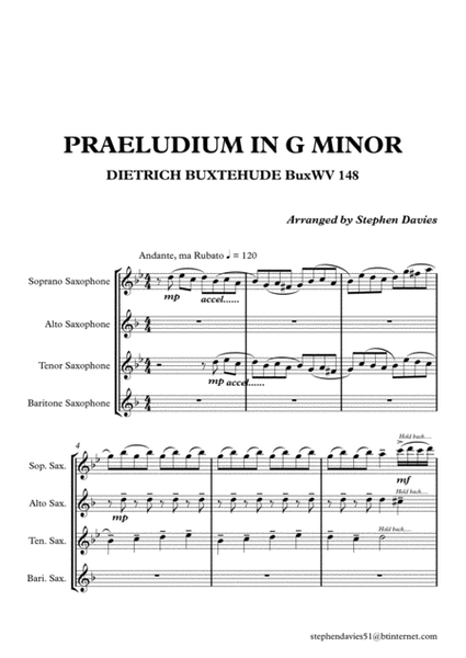 Praeludium & Fugue in G Minor by Dietrich Buxtehude (Buxwv148) for Saxophone Quartet. image number null