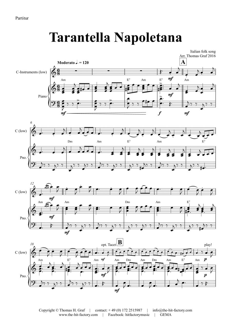 Tarantella Napoletana - Italian Folk Song - Am - Piano and Instrument Flute Solo scores gallery preview page 1