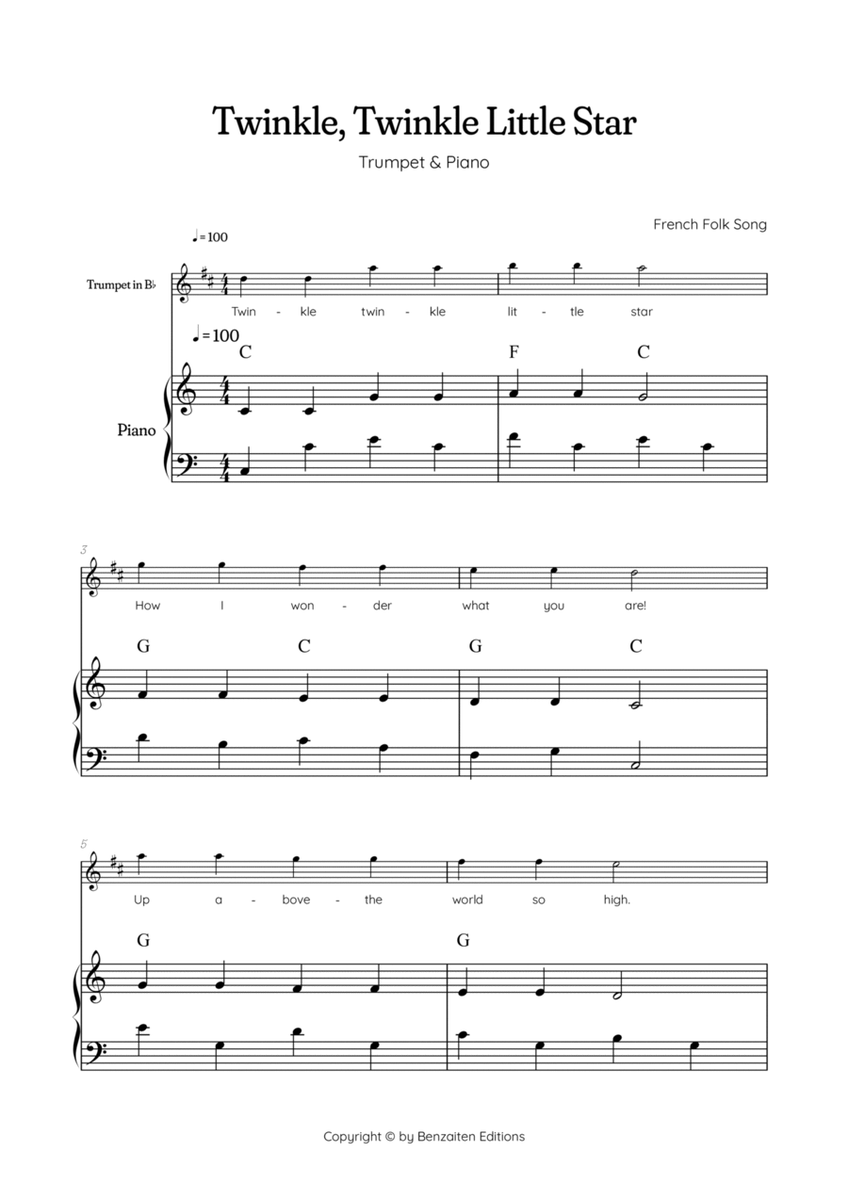 Twinkle, Twinkle Little Star • Easy trumpet sheet music with easy piano accompaniment with chords image number null