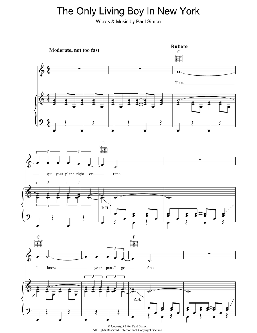 The Only Living Boy In New York Piano, Vocal, Guitar scores gallery preview page 1