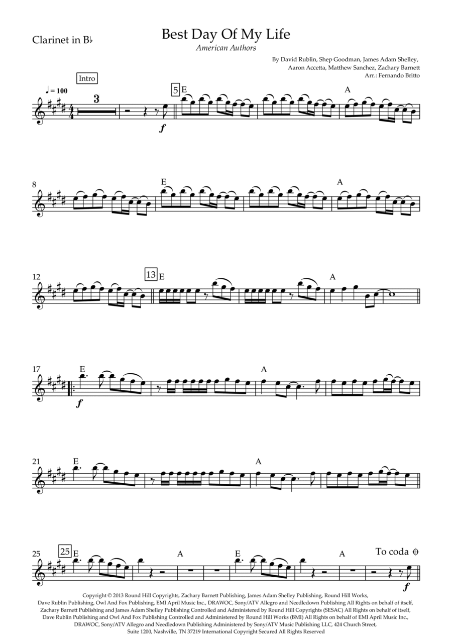 Best Day Of My Life Clarinet Solo scores gallery preview page 1