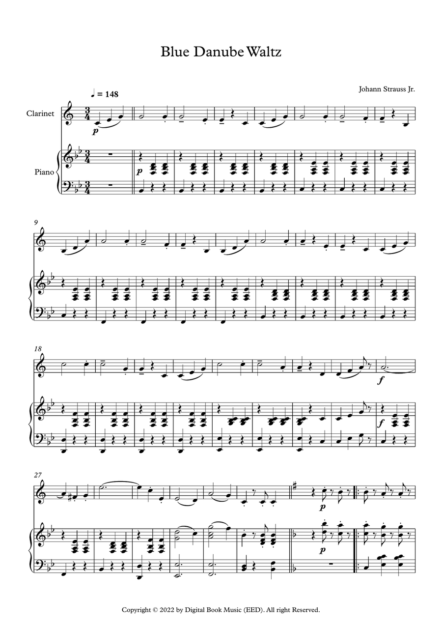 Blue Danube Waltz - Johann Strauss Jr. (Clarinet + Piano) B-Flat Clarinet scores gallery preview page 1