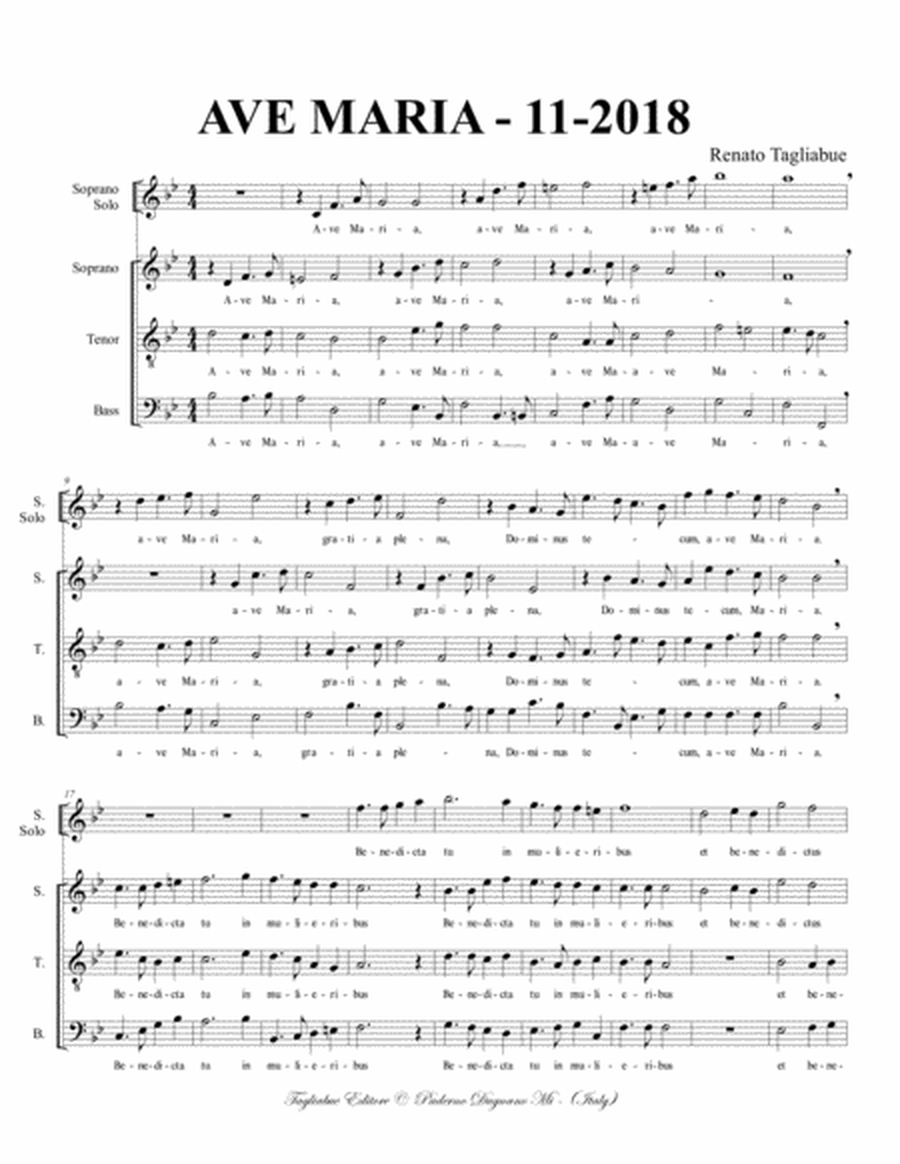 AVE MARIA - Tagliabue - 11/2018 - For Soprano Solo and STB Choir image number null