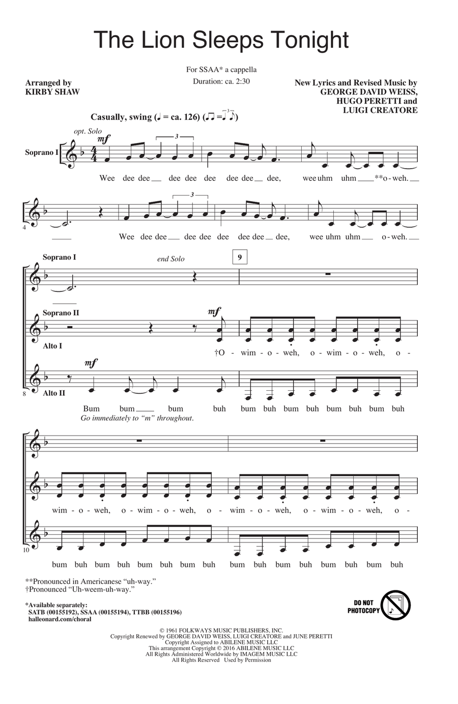 The Lion Sleeps Tonight (arr. Kirby Shaw)