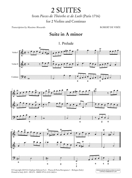 2 Suites from "Pieces de Théorbe et de Luth" (Paris 1716) for 2 Violins and Continuo