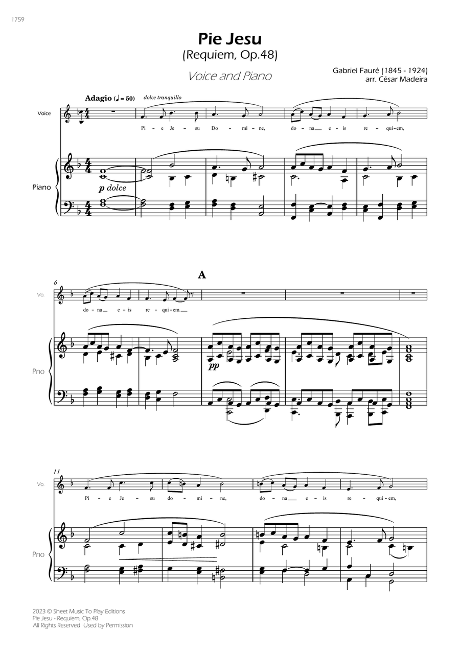 Pie Jesu (Requiem, Op.48) - Voice and Piano - F Major (Full Score and Parts) Piano, Vocal scores gallery preview page 3