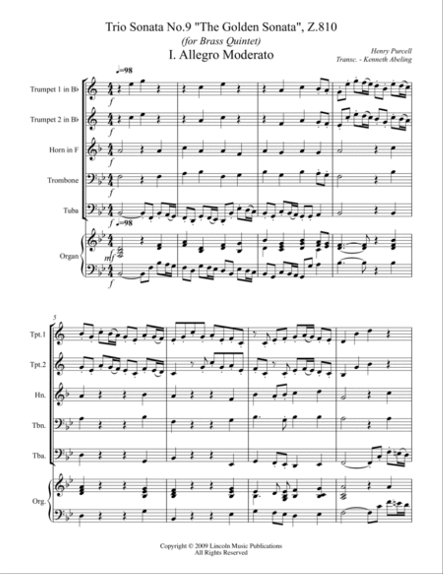 Purcell - Trio Sonata No.9 (for Brass Quintet) Brass Quintet scores gallery preview page 2