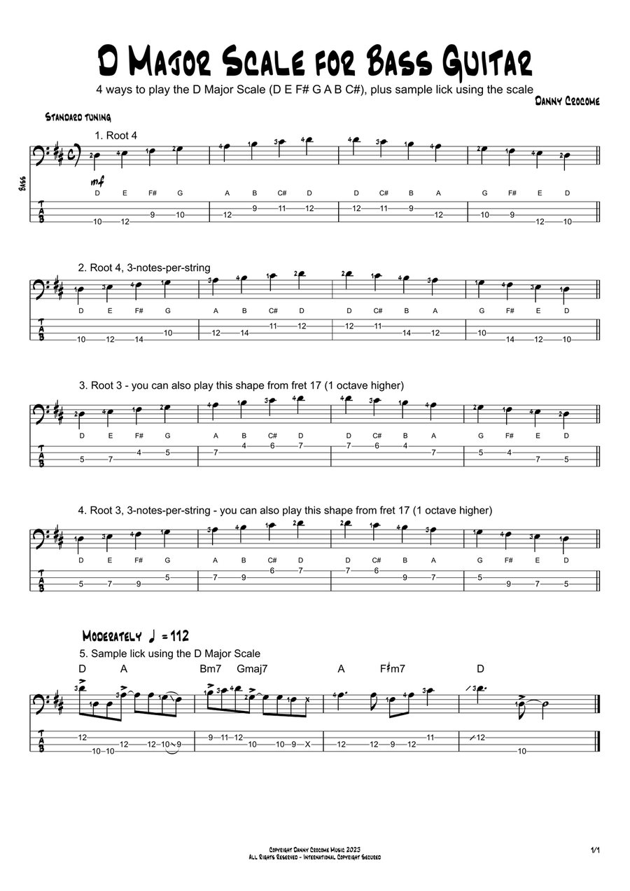 D Major Scale for Bass Guitar (4 Ways to Play) Acoustic Guitar scores gallery preview page 1