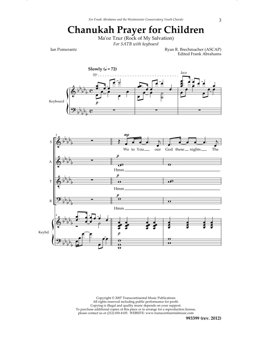 Chanukah Prayer for Children: Maoz Tzur (Rock of Ages) 4-Part scores gallery preview page 1