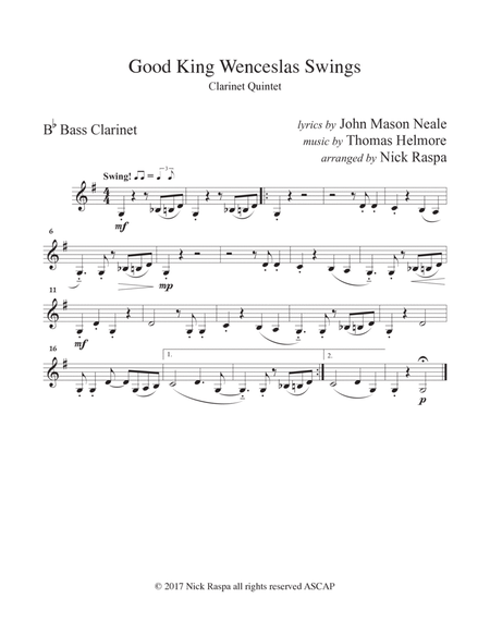 Good King Wenceslas Swings (clarinet quintet Bb Cl 1,2,3 A,B) Bass Clarinet part