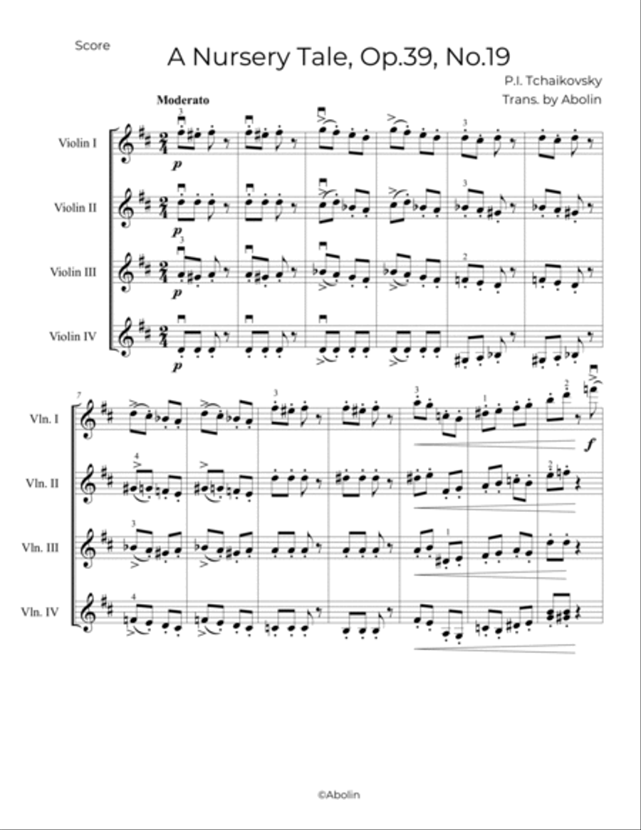 Tchaikovsky: A Nursery Tale, Op.39, No.19 - for Violin Quartet String Quartet scores gallery preview page 2