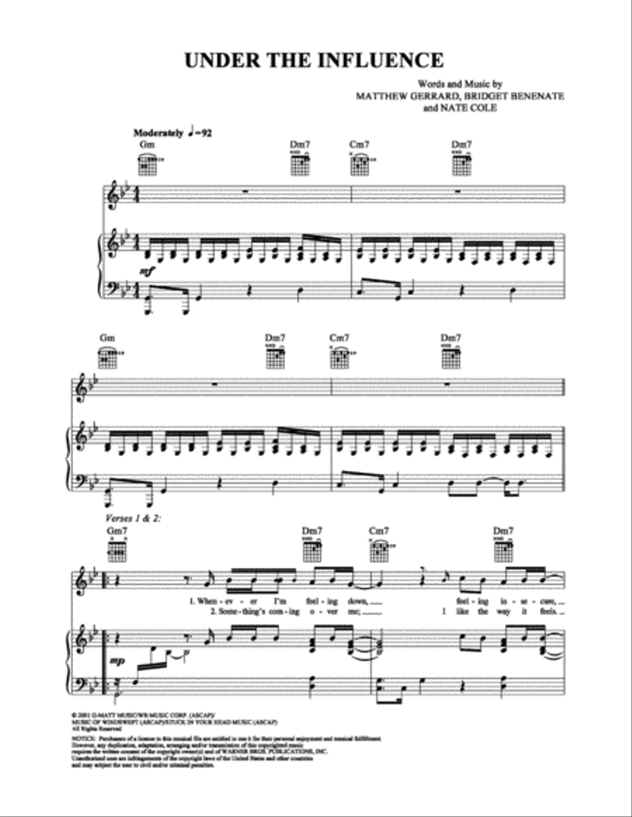 Under the Influence Under the Influence Piano, Vocal, Guitar scores gallery preview page 1