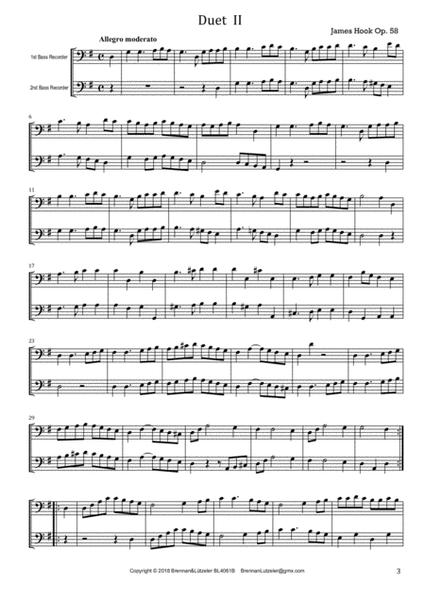 James Hook, 6 Duetts op. 58 arranged for 2 Bass Recorders (score)
