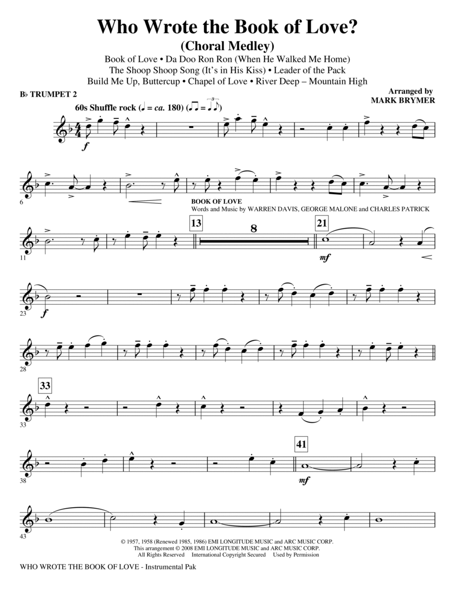 Who Wrote The Book Of Love? (Choral Medley) - Trumpet 2 Choir scores gallery preview page 1