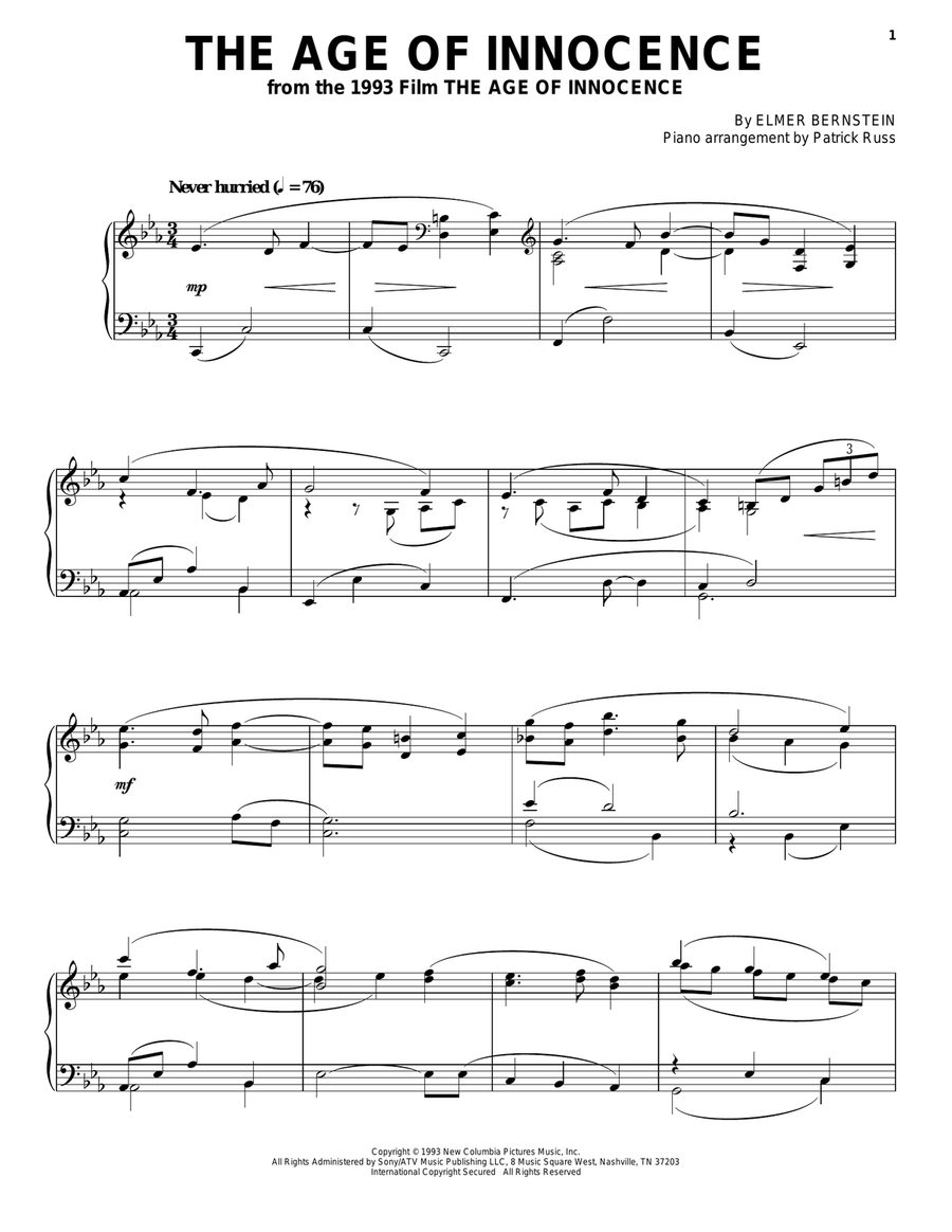 The Age Of Innocence Piano Solo scores gallery preview page 1
