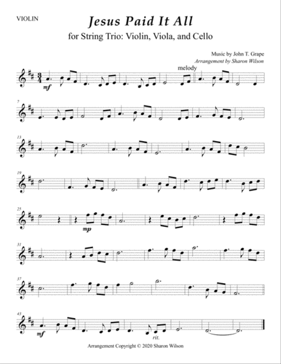 Jesus Paid It All (for String Trio – Violin, Viola, and Cello) String Trio scores gallery preview page 2