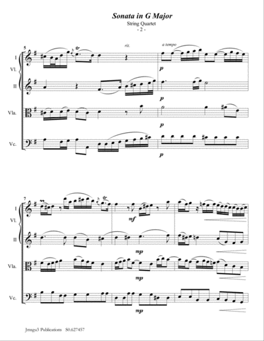 Telemann: Sonata in G Major for String Quartet String Quartet scores gallery preview page 2