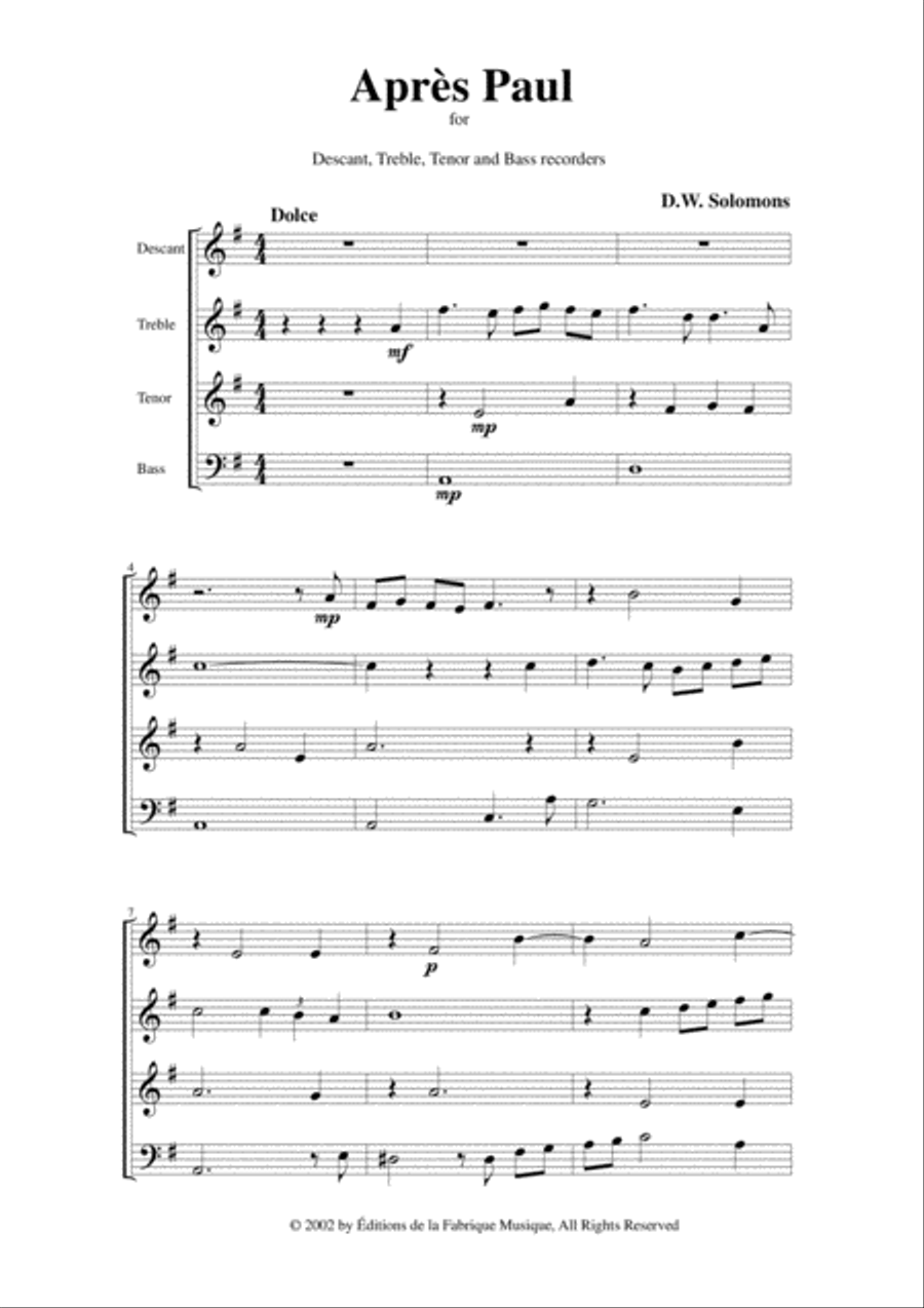 David Warin Solomons: Après Paul for SATB recorder quartet Small Ensemble scores gallery preview page 2
