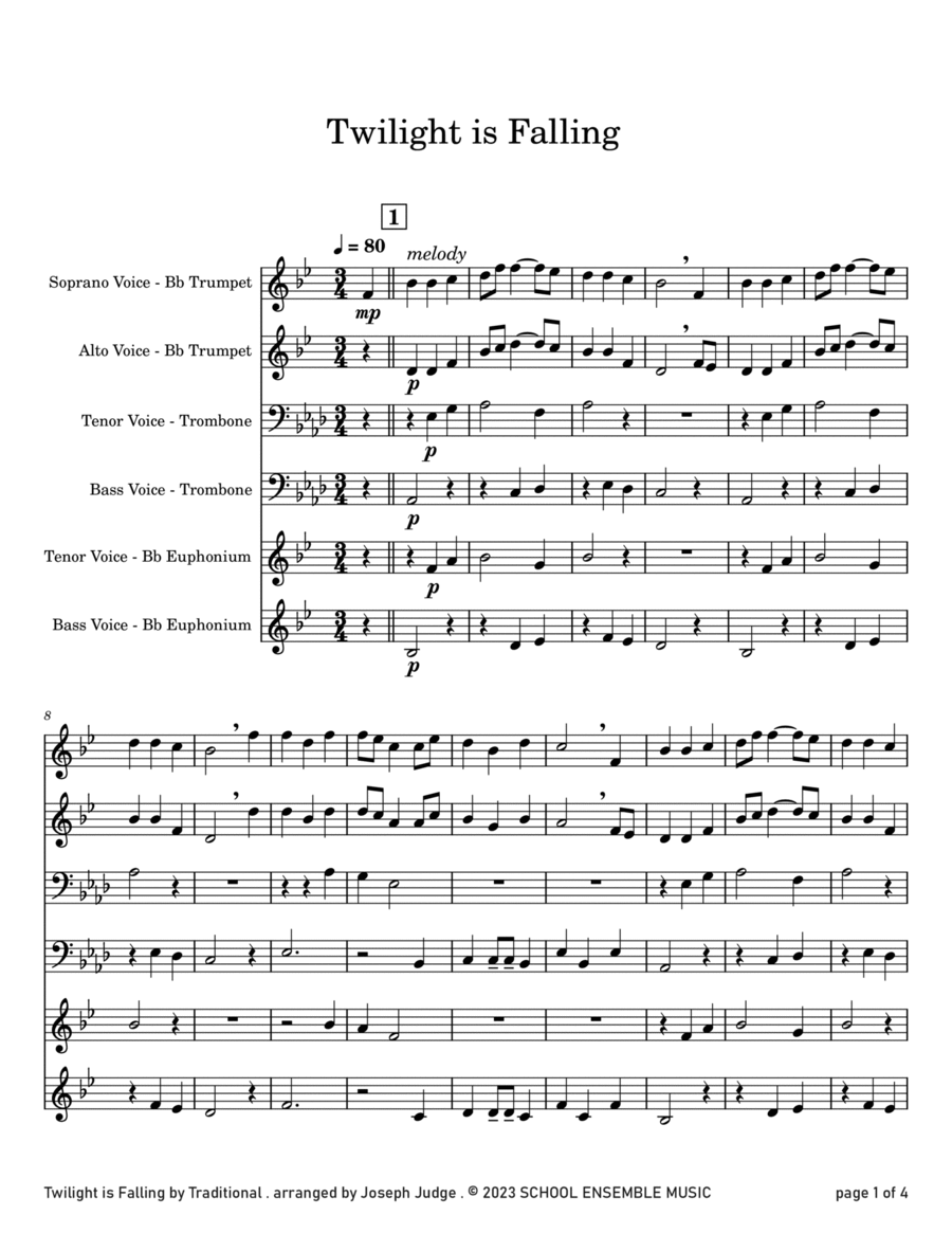 Twilight Is Falling for Brass Quartet in Schools Brass Quartet scores gallery preview page 1