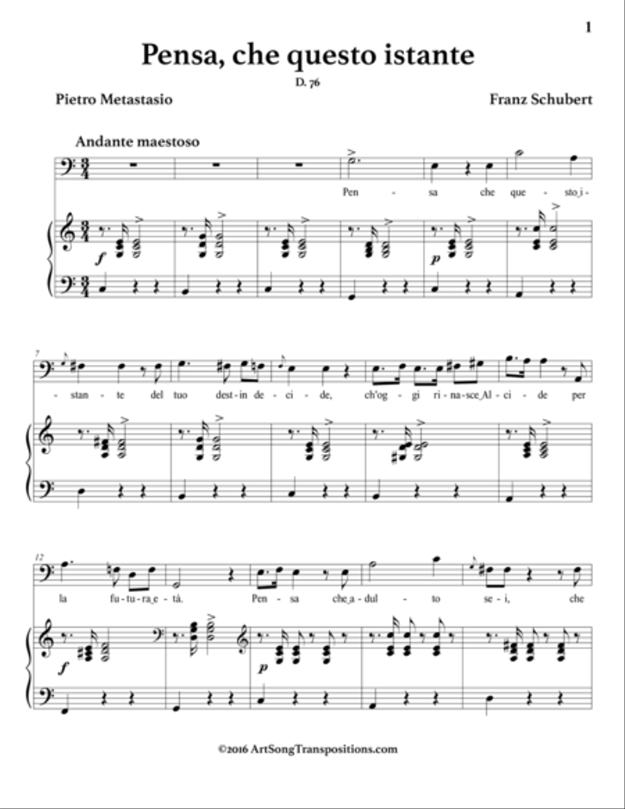 SCHUBERT: Pensa, che questo istante, D. 76 (transposed to C major, bass clef) Voice scores gallery preview page 2