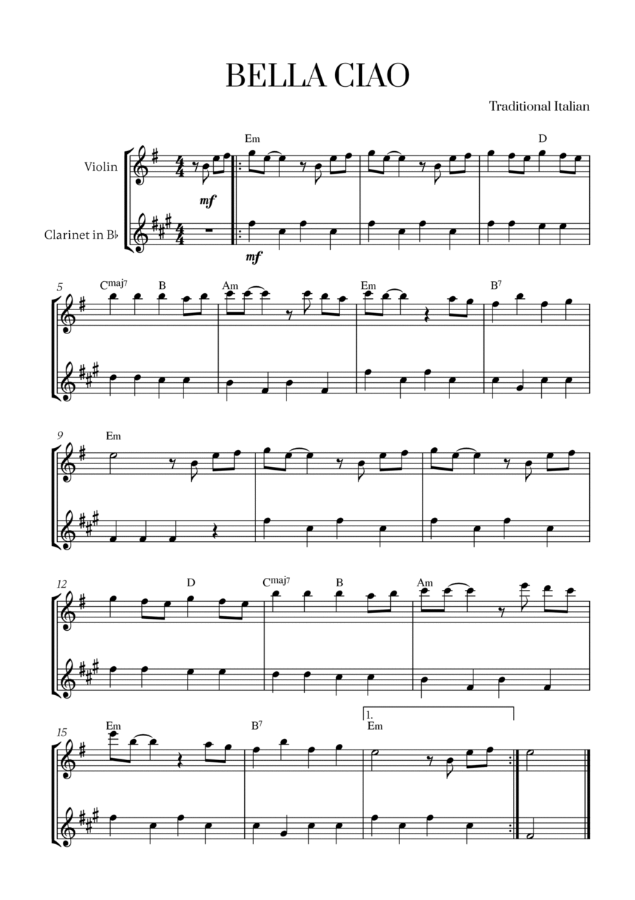 Traditional Italian - Bella Ciao (for Violin and Clarinet) B-Flat Clarinet scores gallery preview page 1