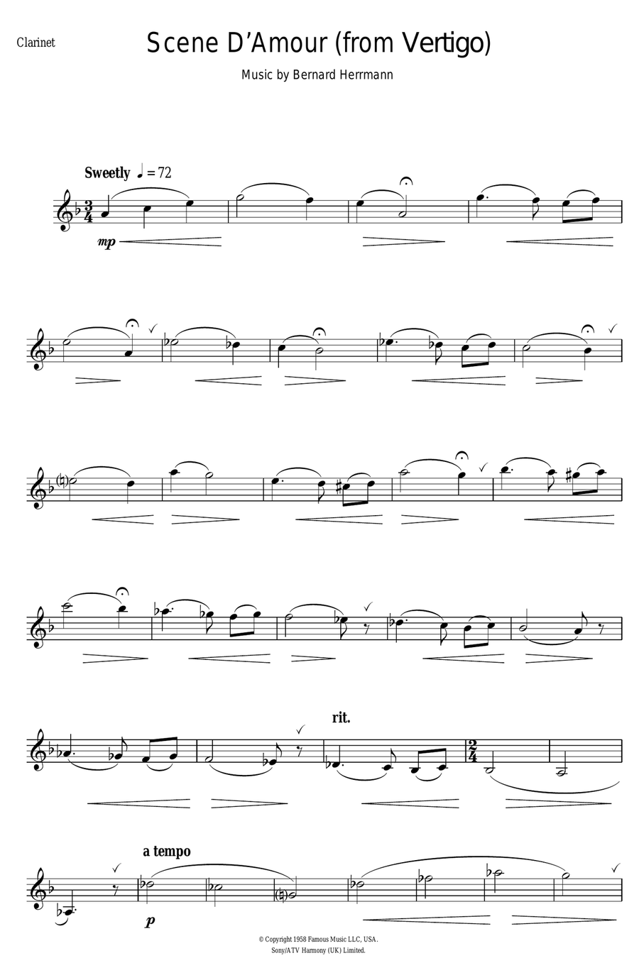 Scene D'Amour (from Vertigo) Clarinet Solo scores gallery preview page 1