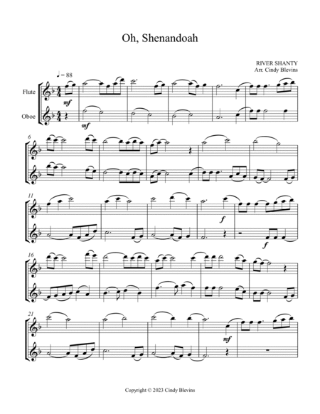 Oh, Shenandoah, for Flute and Oboe Duet image number null