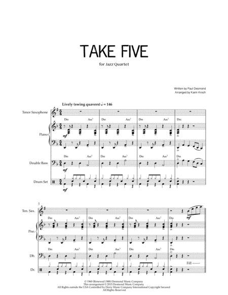 Take Five - With written out solo! (Soprano/Tenor sax/Trumpet/Clarinet, Piano, Double Bass and Drums) image number null