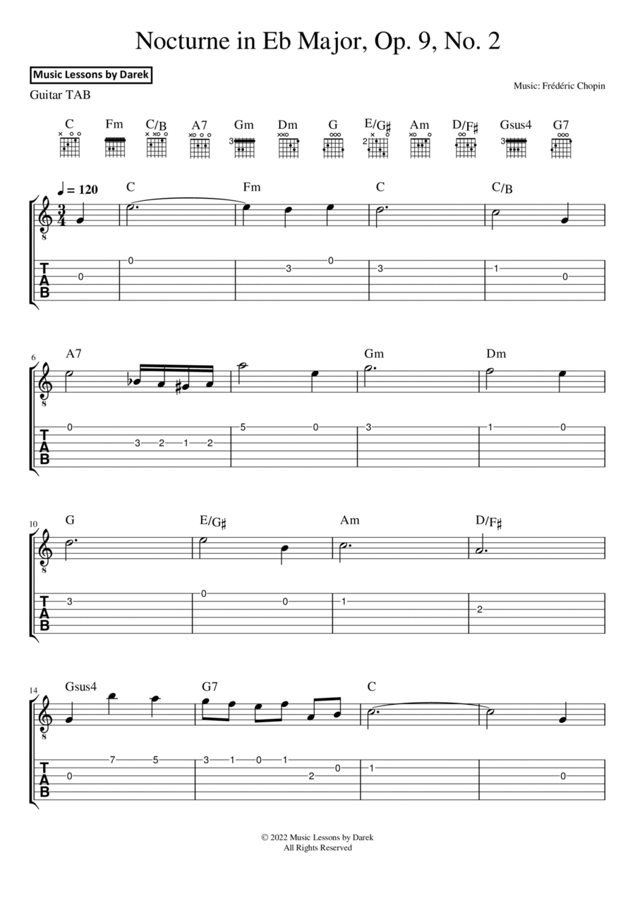Nocturne in Eb Major, Op. 9, No. 2 (GUITAR TAB) [Frédéric Chopin] Acoustic Guitar scores gallery preview page 1