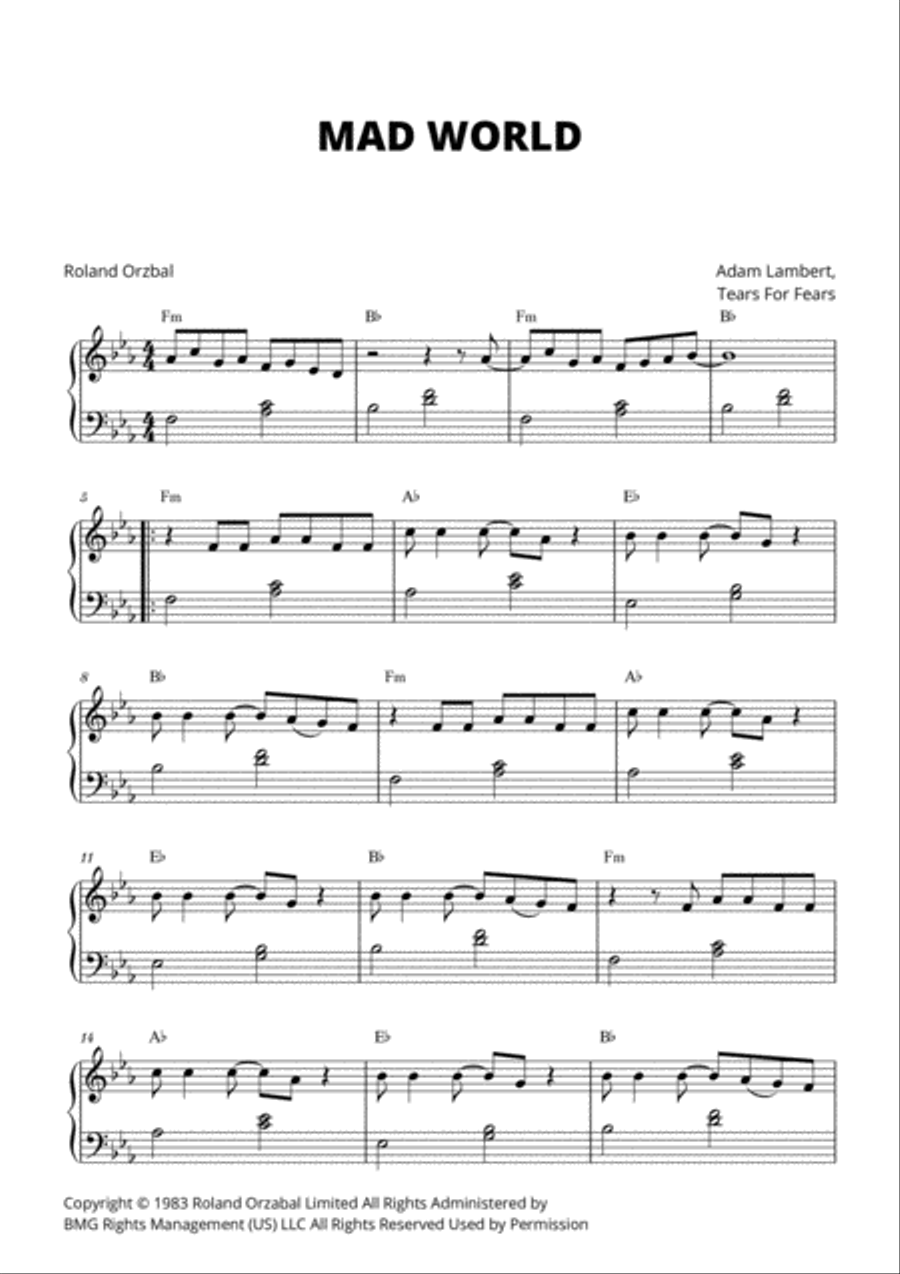 Mad World Piano, Vocal scores gallery preview page 1