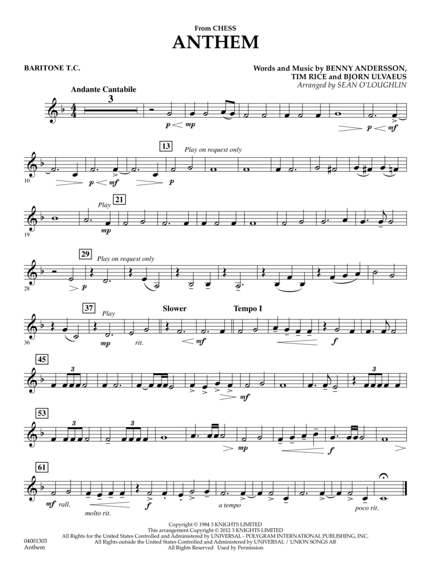 Anthem (from Chess) - Baritone T.C. Concert Band scores gallery preview page 1