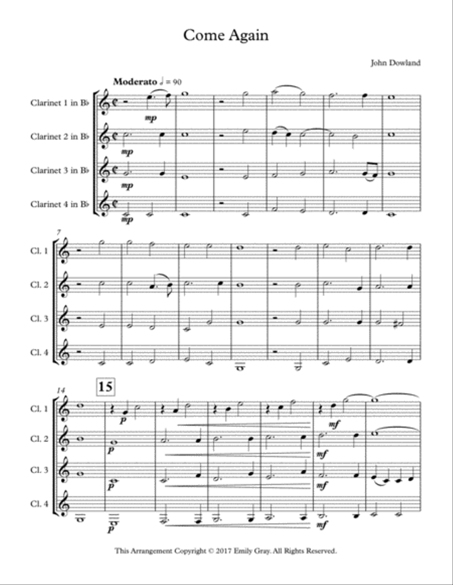 Come Again (Clarinet Quartet) Clarinet Quartet scores gallery preview page 1