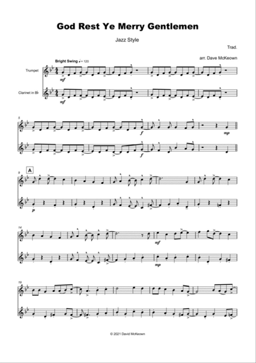 God Rest Ye Merry Gentlemen, Jazz Style, for Trumpet and Clarinet Duet
