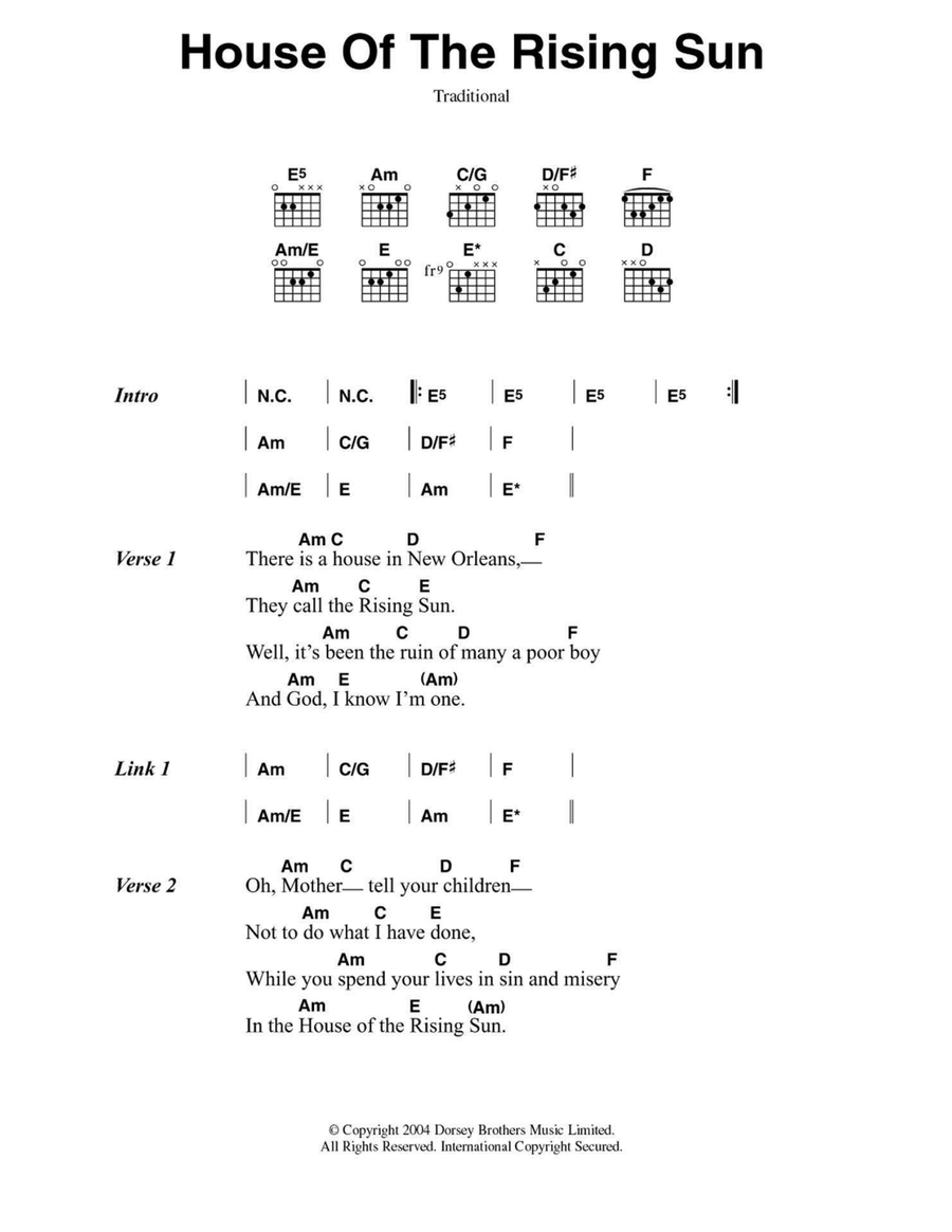 House Of The Rising Sun Easy Guitar scores gallery preview page 1