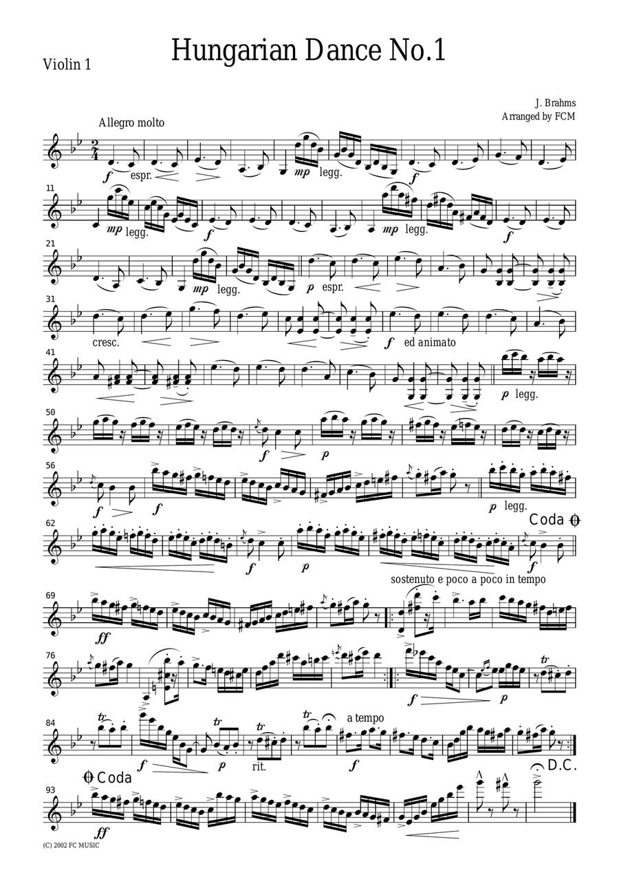 Brahms Hungarian Dance No.1, for string quartet, CB302 image number null