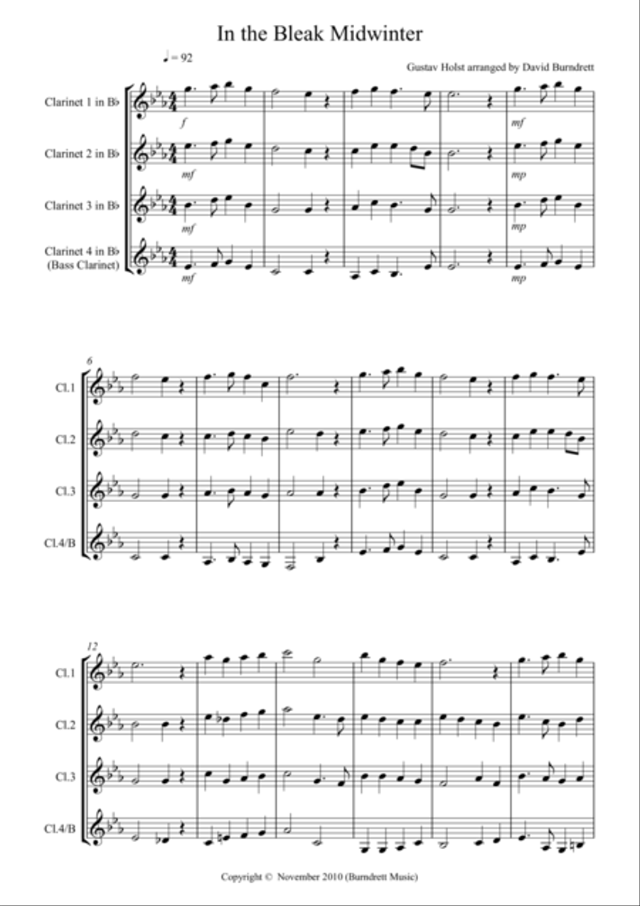 In the Bleak Midwinter for Clarinet Quartet Clarinet Quartet scores gallery preview page 1
