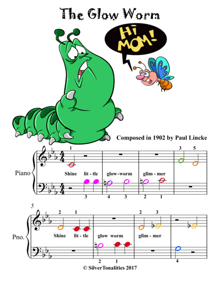 Glow Worm Beginner Piano Sheet Music with Colored Notation
