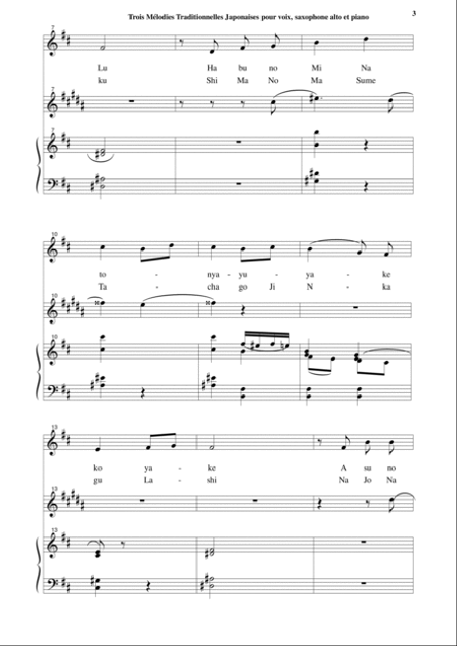 Jean-Thierry Boisseau: Trois Mélodies Japonaises for medium voice, alto saxophone and piano Small Ensemble scores gallery preview page 3