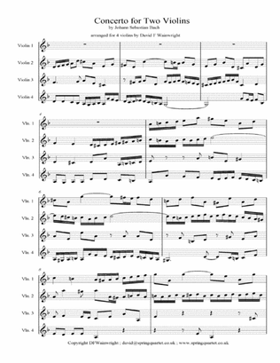 Bach's Concerto for Two Violins arranged for Four violins with score & parts