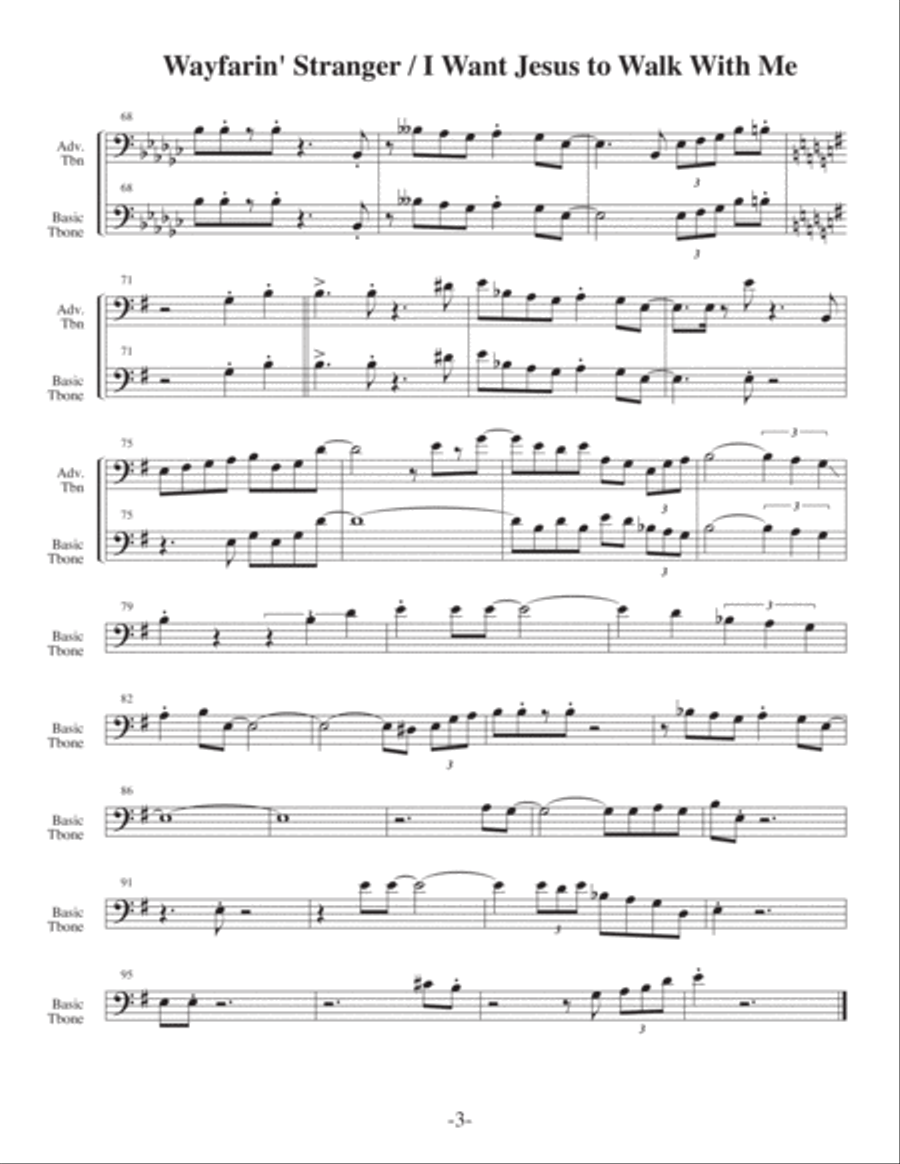 Wayfarin Stranger with I Need Jesus... (Arrangements Level 3-5 for TROMBONE + Written Acc) Trombone Solo scores gallery preview page 4
